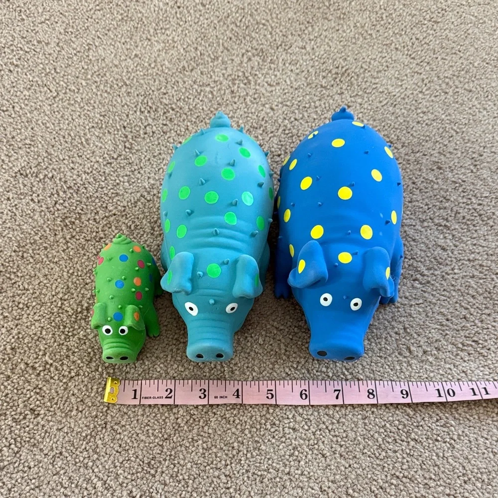 Set of 3 Colorful Rubber Pig Dog Toys - Blue, Teal, Green Pig Squeaky Dog Toy